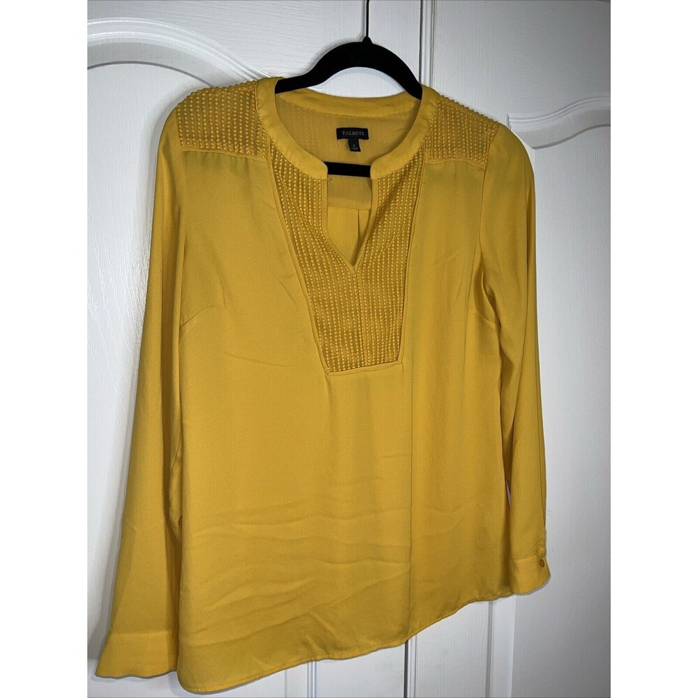 TALBOTS Womens Yellow Blouse Long Sleeve Small Semi Sheer Textured Flowy Casual